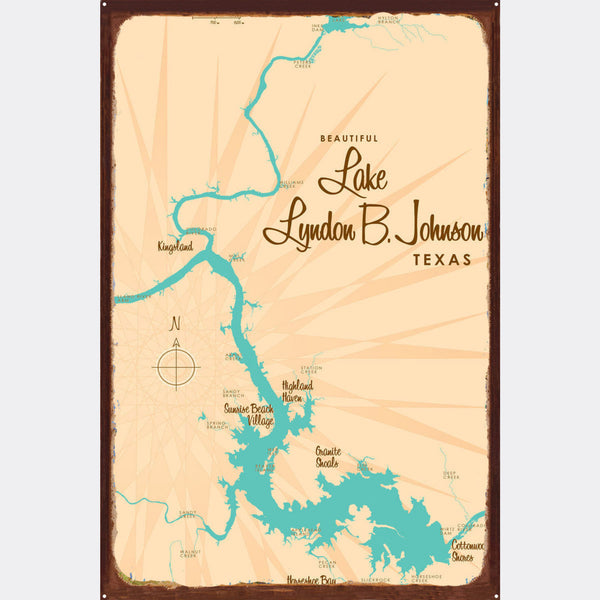 Lake LBJ Texas, Rustic Metal Sign Map Art