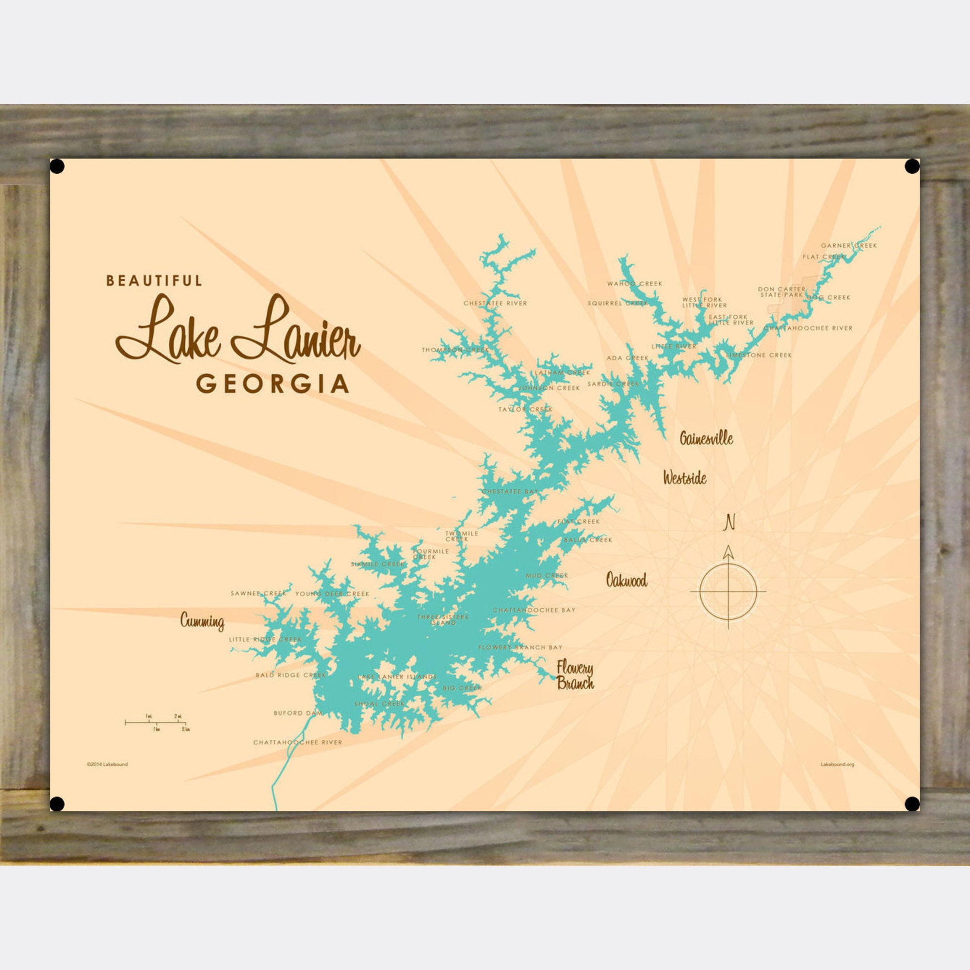 Lake Lanier Georgia, Wood-Mounted Metal Sign Map Art
