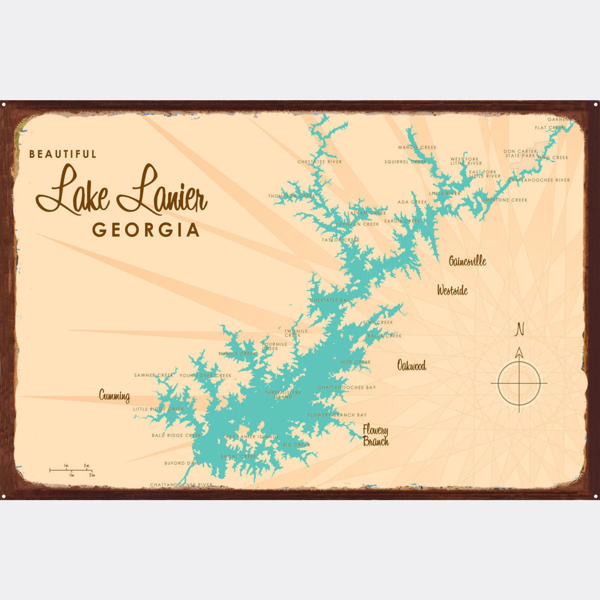 Lake Lanier Georgia, Rustic Metal Sign Map Art