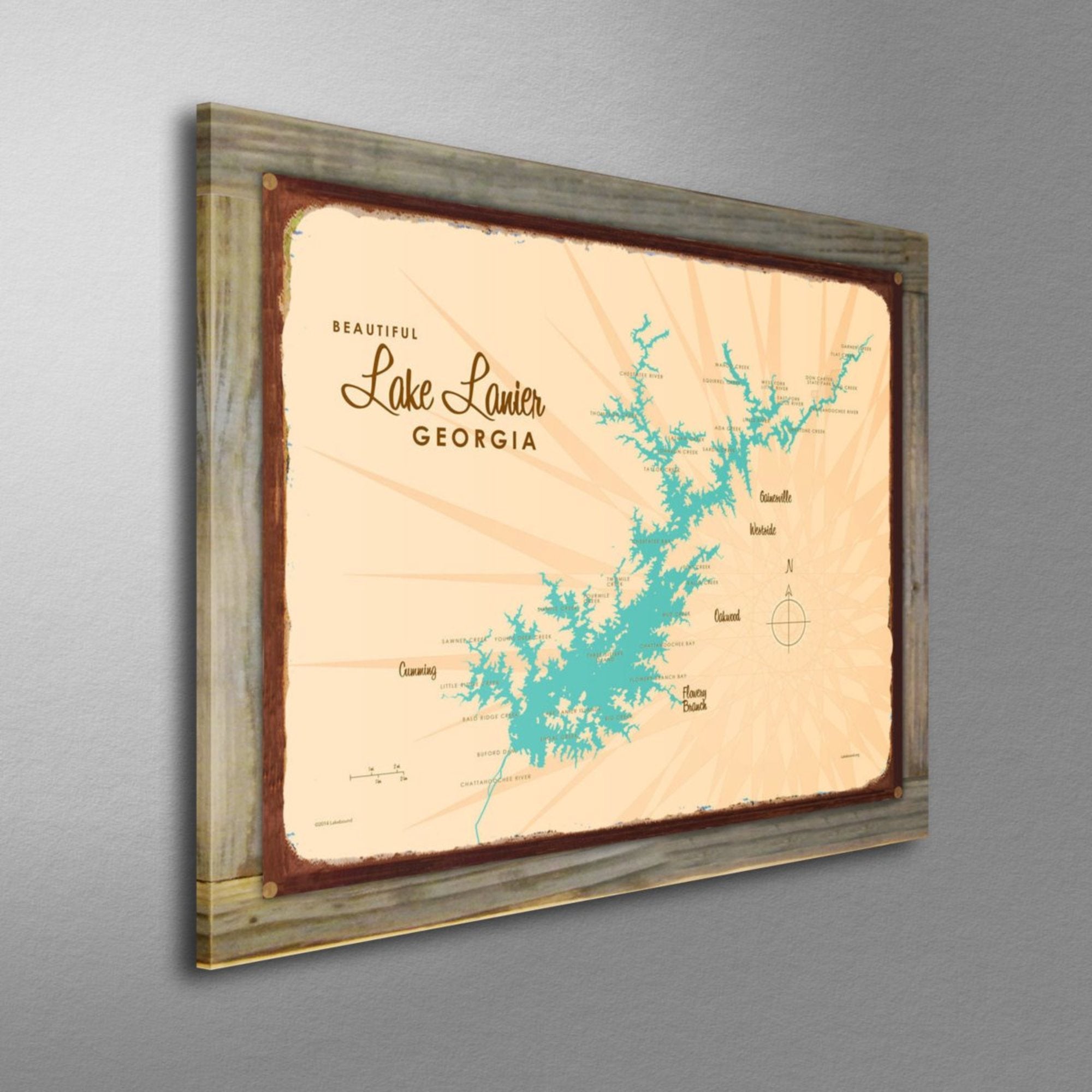 Lake Lanier Georgia, Wood-Mounted Rustic Metal Sign Map Art