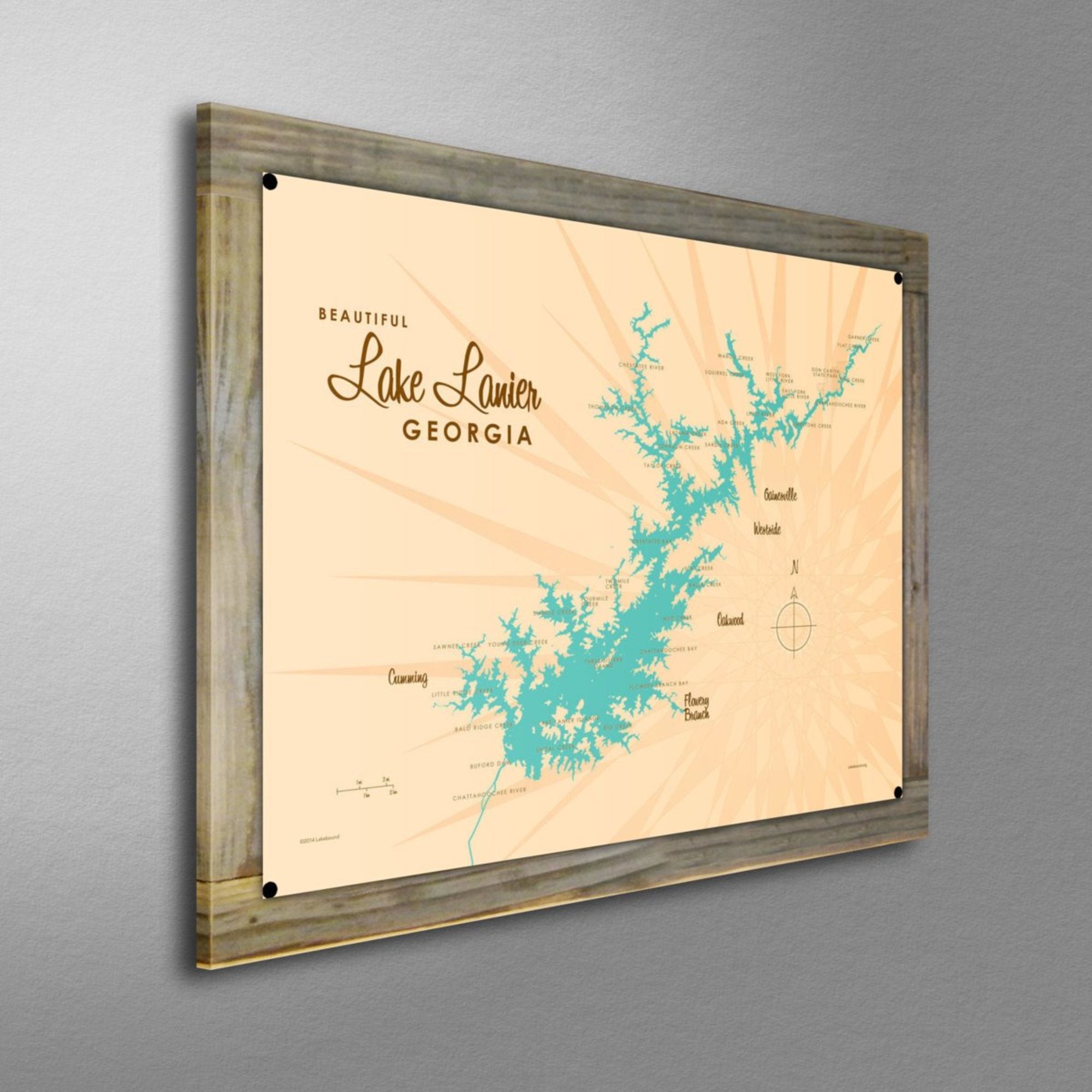 Lake Lanier Georgia, Wood-Mounted Metal Sign Map Art
