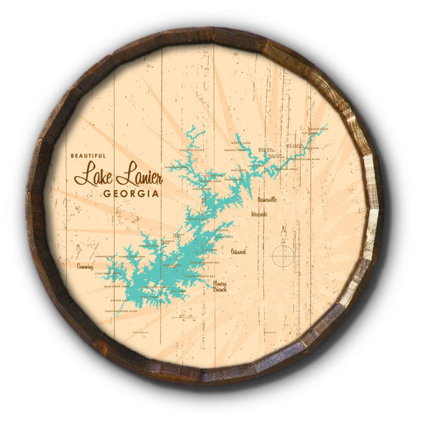 Lake Lanier Georgia, Rustic Barrel End Map Art