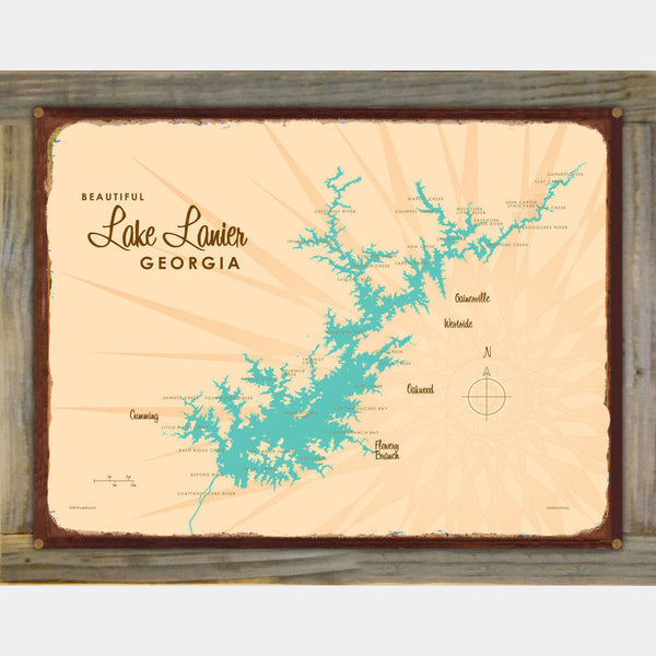Lake Lanier Georgia, Wood-Mounted Rustic Metal Sign Map Art