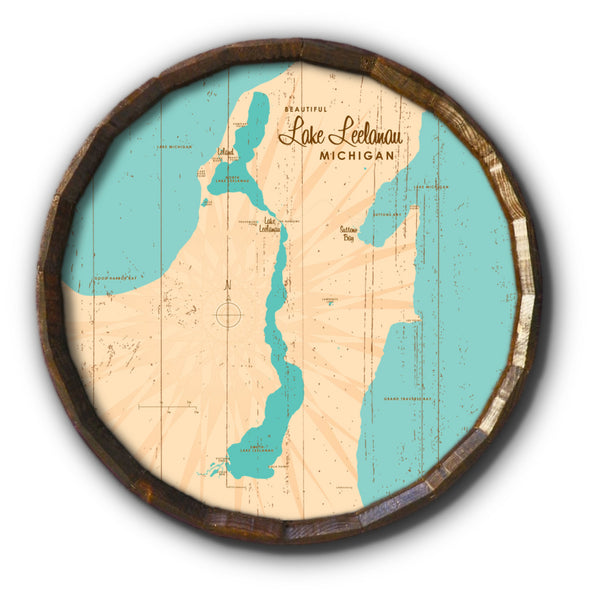 Lake Leelanau Michigan, Rustic Barrel End Map Art