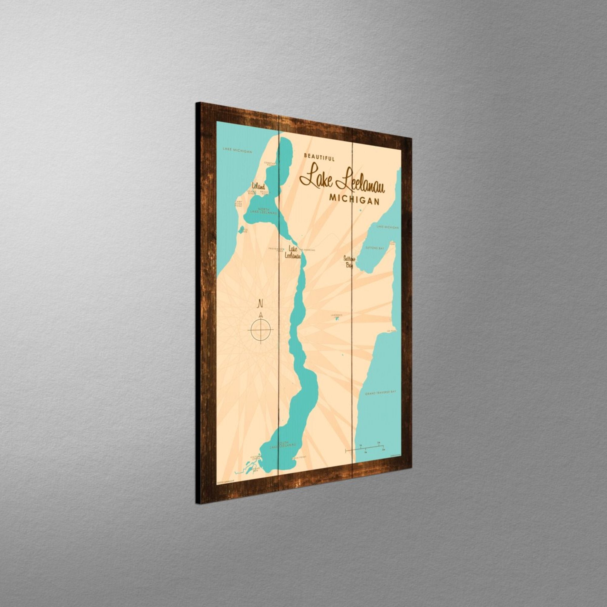 Lake Leelanau Michigan, Rustic Wood Sign Map Art