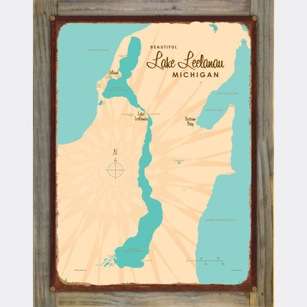Lake Leelanau Michigan, Wood-Mounted Rustic Metal Sign Map Art