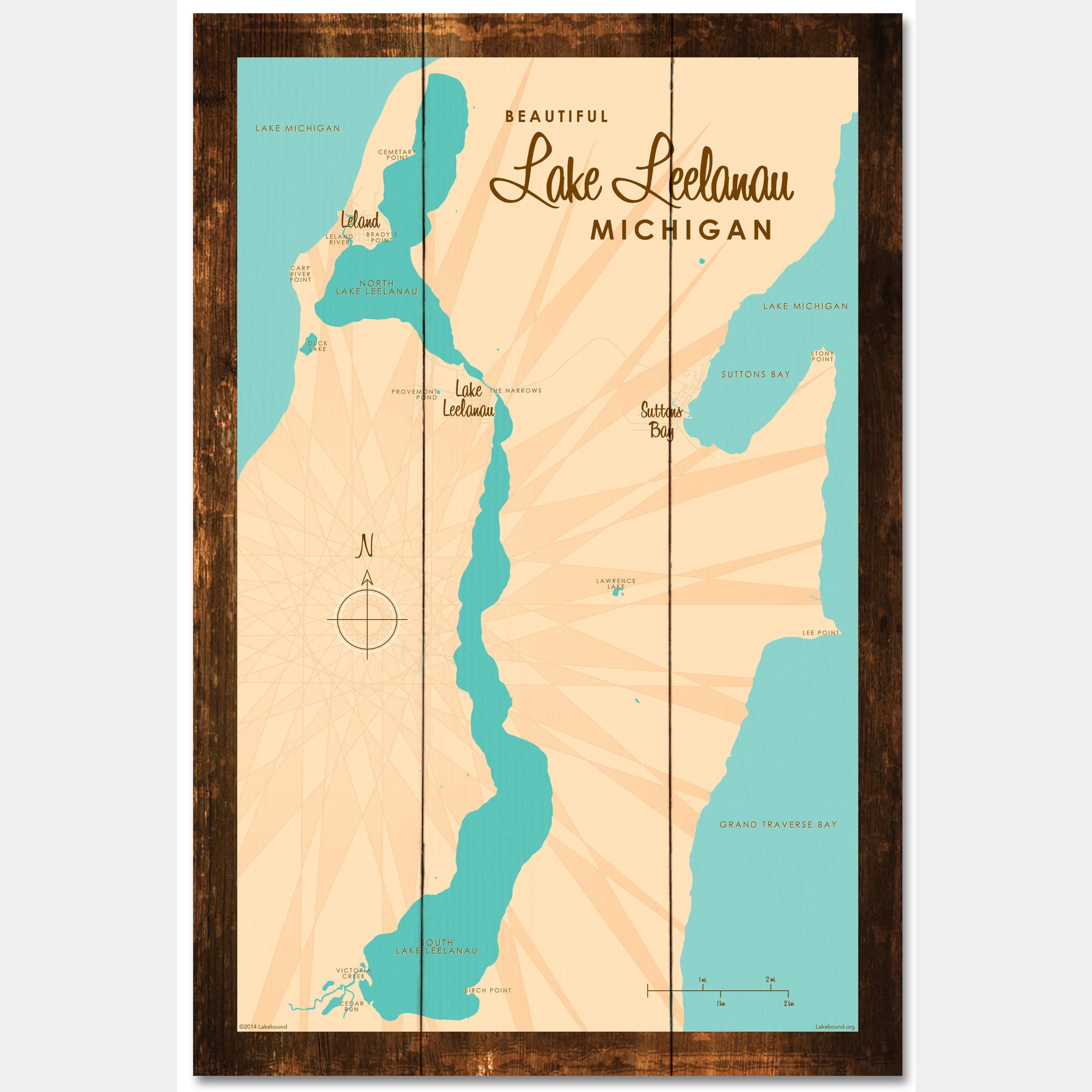 Lake Leelanau Michigan, Rustic Wood Sign Map Art