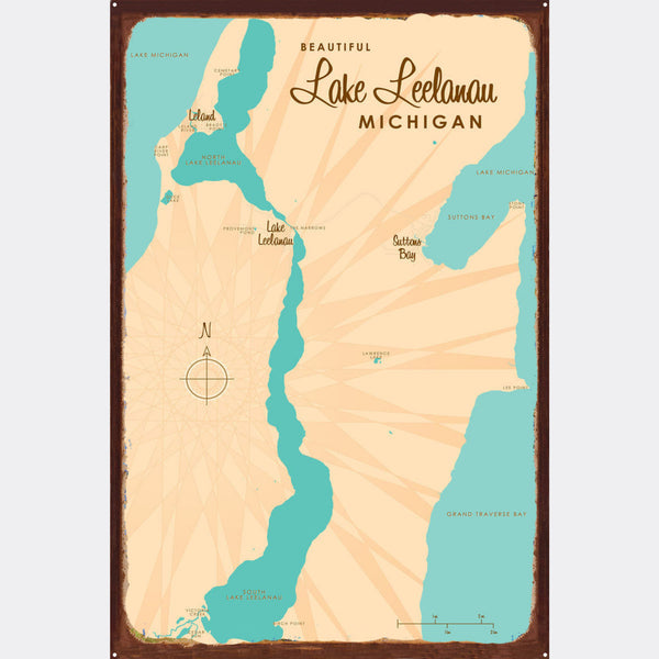 Lake Leelanau Michigan, Rustic Metal Sign Map Art
