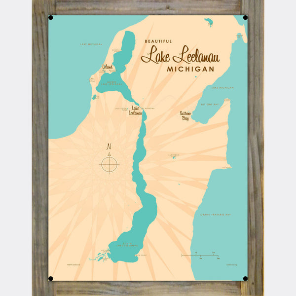 Lake Leelanau Michigan, Wood-Mounted Metal Sign Map Art