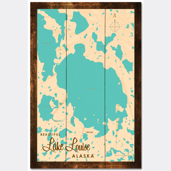 Lake Louise Alaska, Rustic Wood Sign Map Art