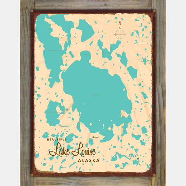 Lake Louise Alaska, Wood-Mounted Rustic Metal Sign Map Art