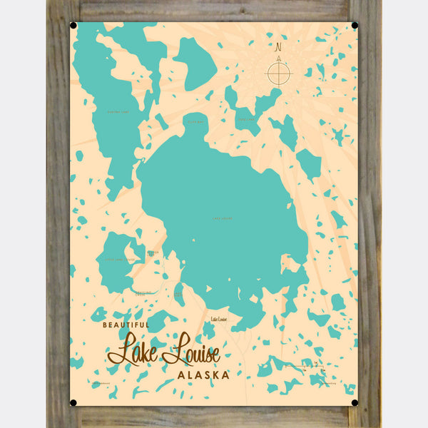 Lake Louise Alaska, Wood-Mounted Metal Sign Map Art