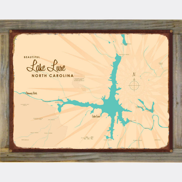 Lake Lure North Carolina, Wood-Mounted Rustic Metal Sign Map Art