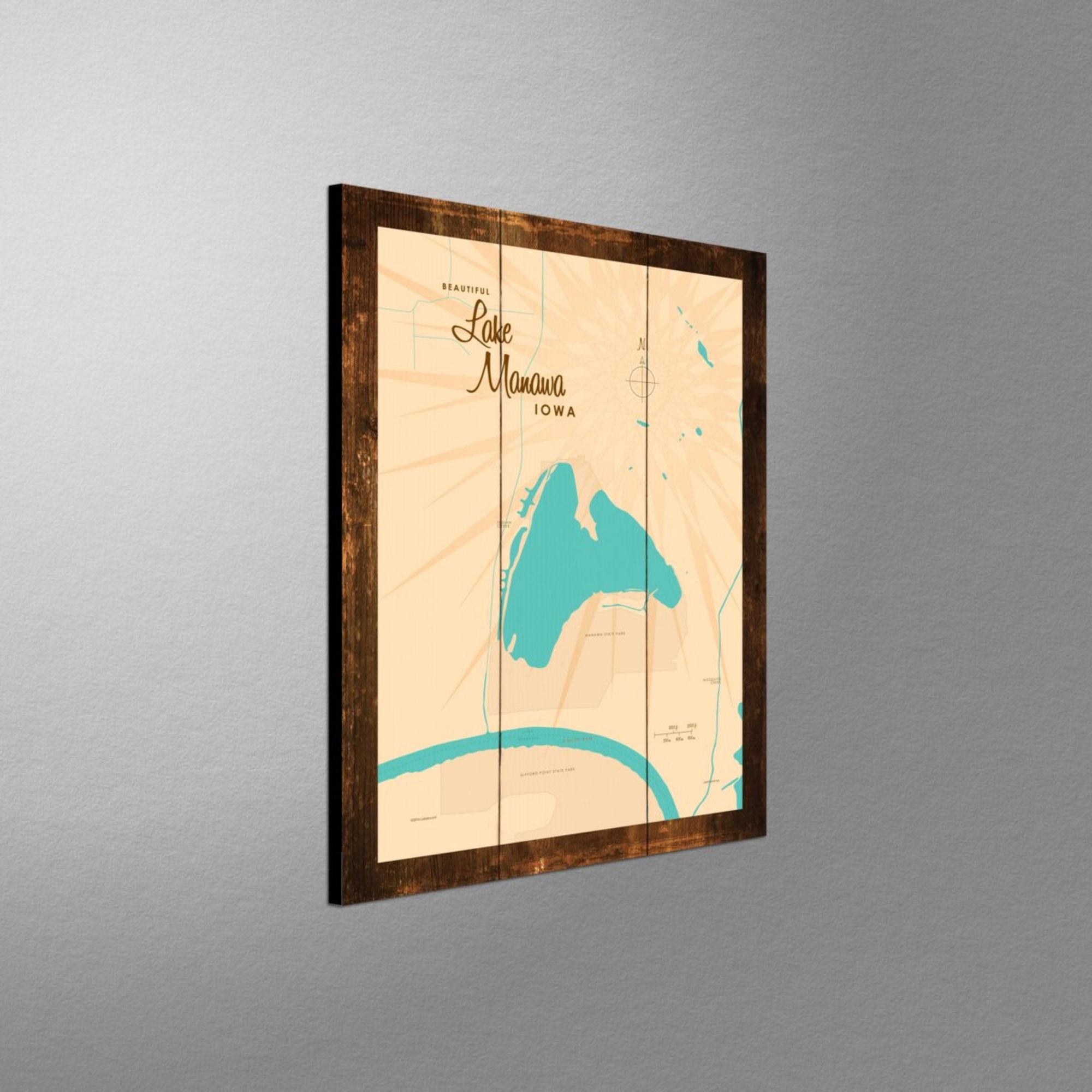 Lake Manawa Iowa, Rustic Wood Sign Map Art