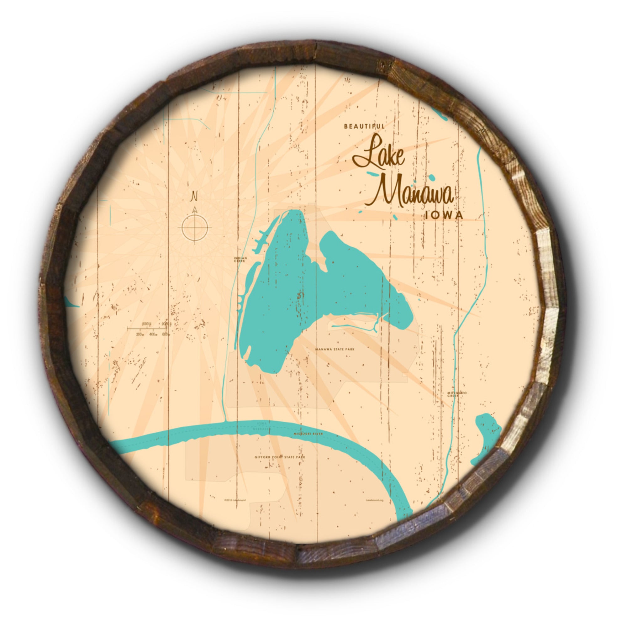 Lake Manawa Iowa, Rustic Barrel End Map Art