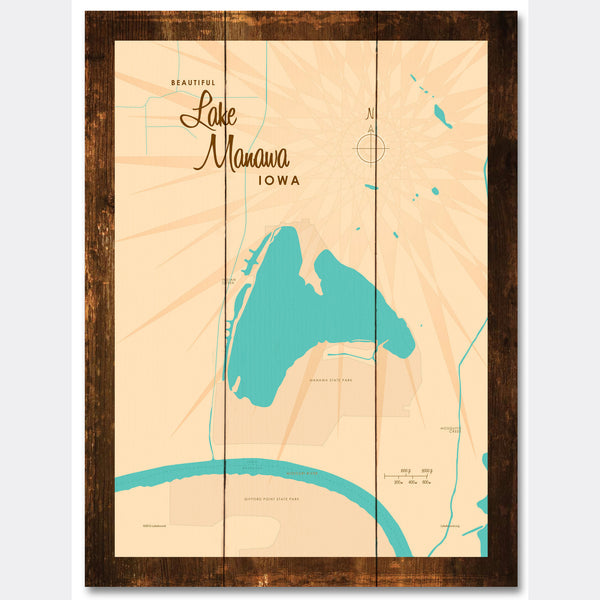 Lake Manawa Iowa, Rustic Wood Sign Map Art