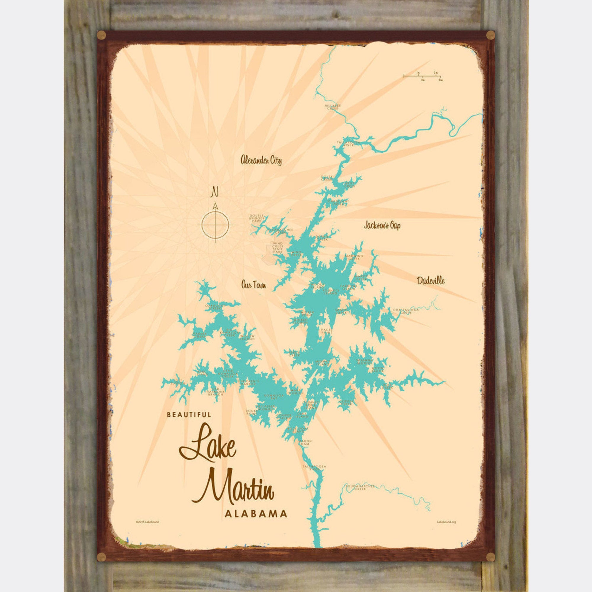 Lake Martin Alabama, Wood-Mounted Rustic Metal Sign Map Art