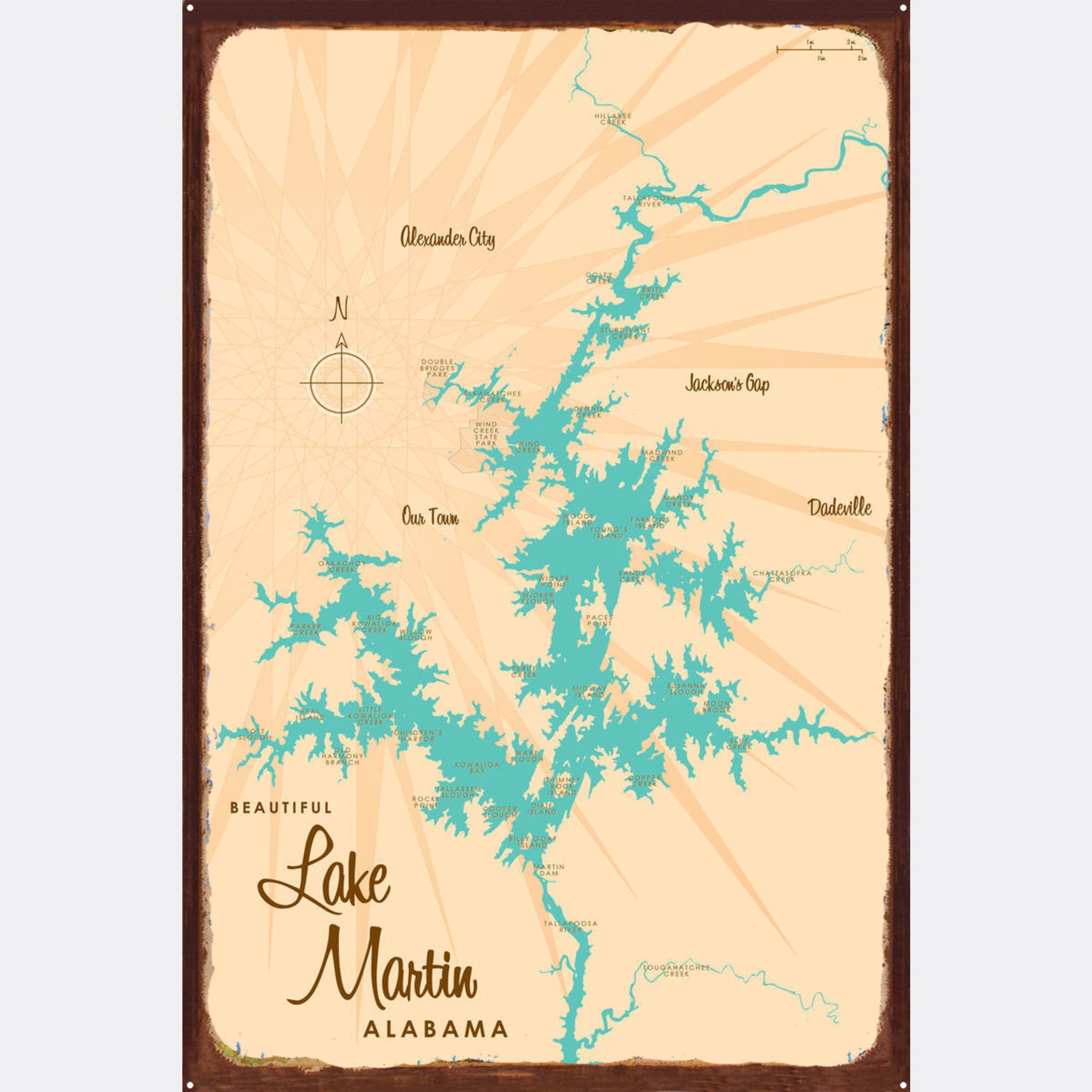 Lake Martin Alabama, Rustic Metal Sign Map Art