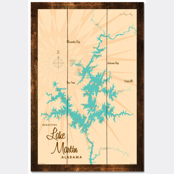 Lake Martin Alabama, Rustic Wood Sign Map Art