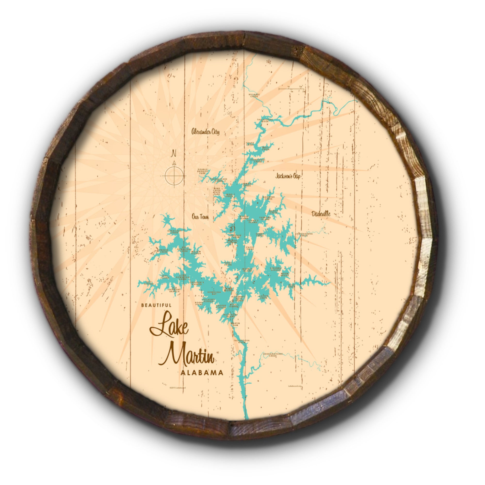 Lake Martin Alabama, Rustic Barrel End Map Art