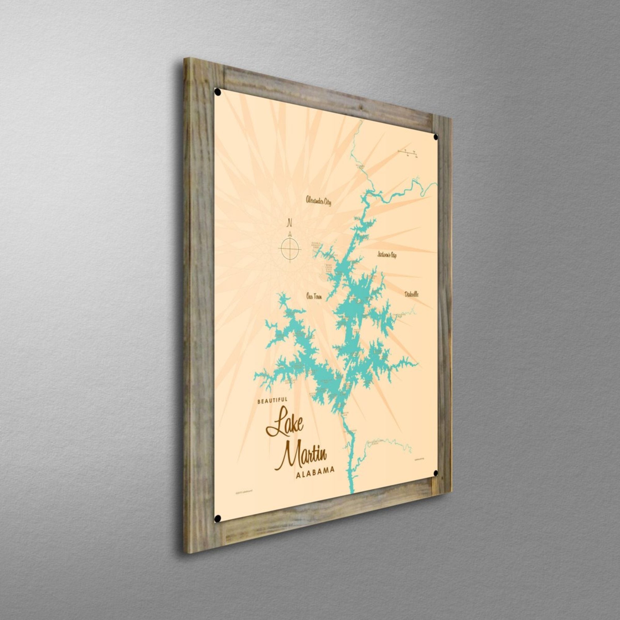 Lake Martin Alabama, Wood-Mounted Metal Sign Map Art