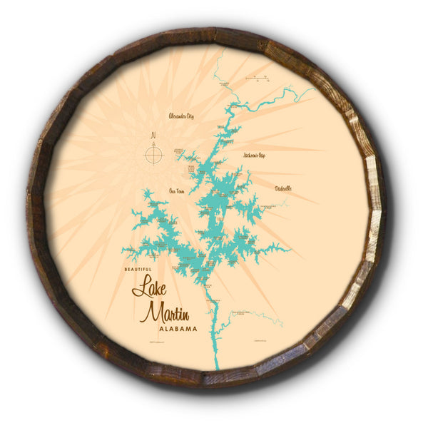 Lake Martin Alabama, Barrel End Map Art