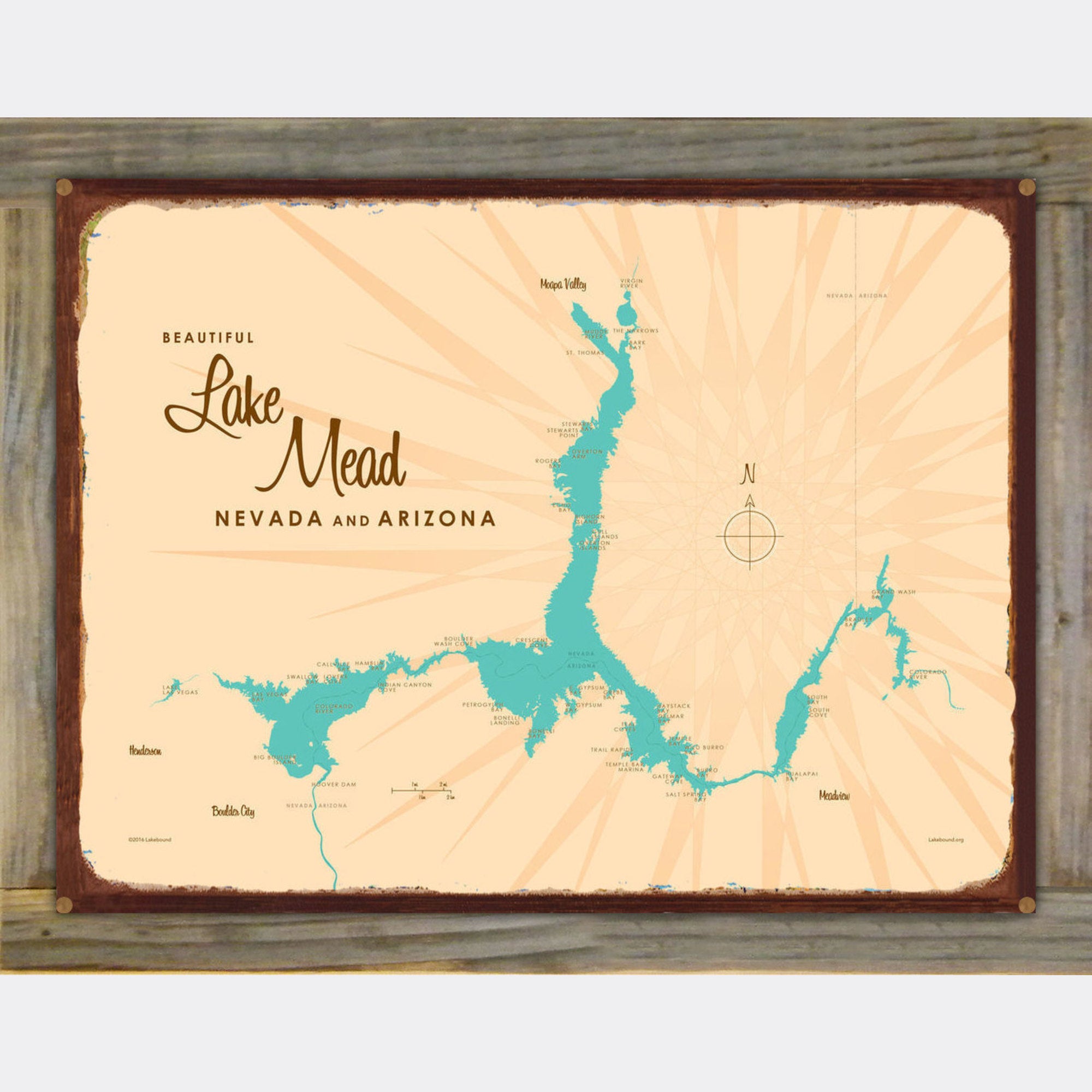 Lake Mead Arizona Nevada, Wood-Mounted Rustic Metal Sign Map Art