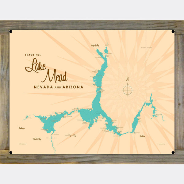 Lake Mead Arizona Nevada, Wood-Mounted Metal Sign Map Art