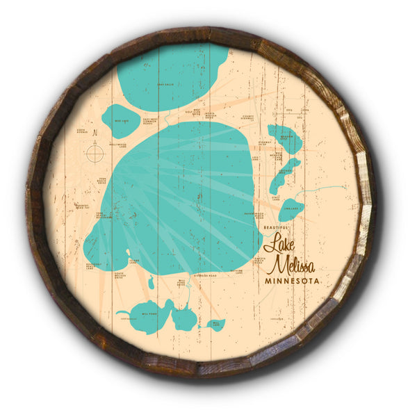 Lake Melissa Minnesota, Rustic Barrel End Map Art