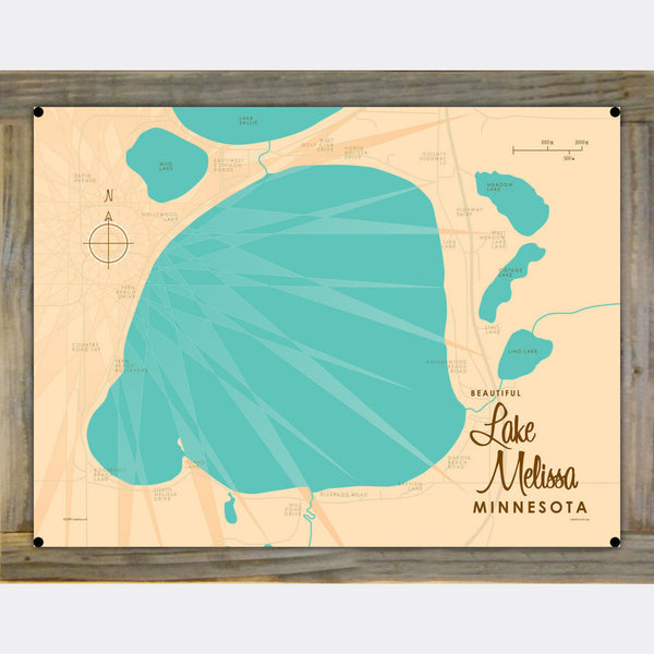 Lake Melissa Minnesota, Wood-Mounted Metal Sign Map Art