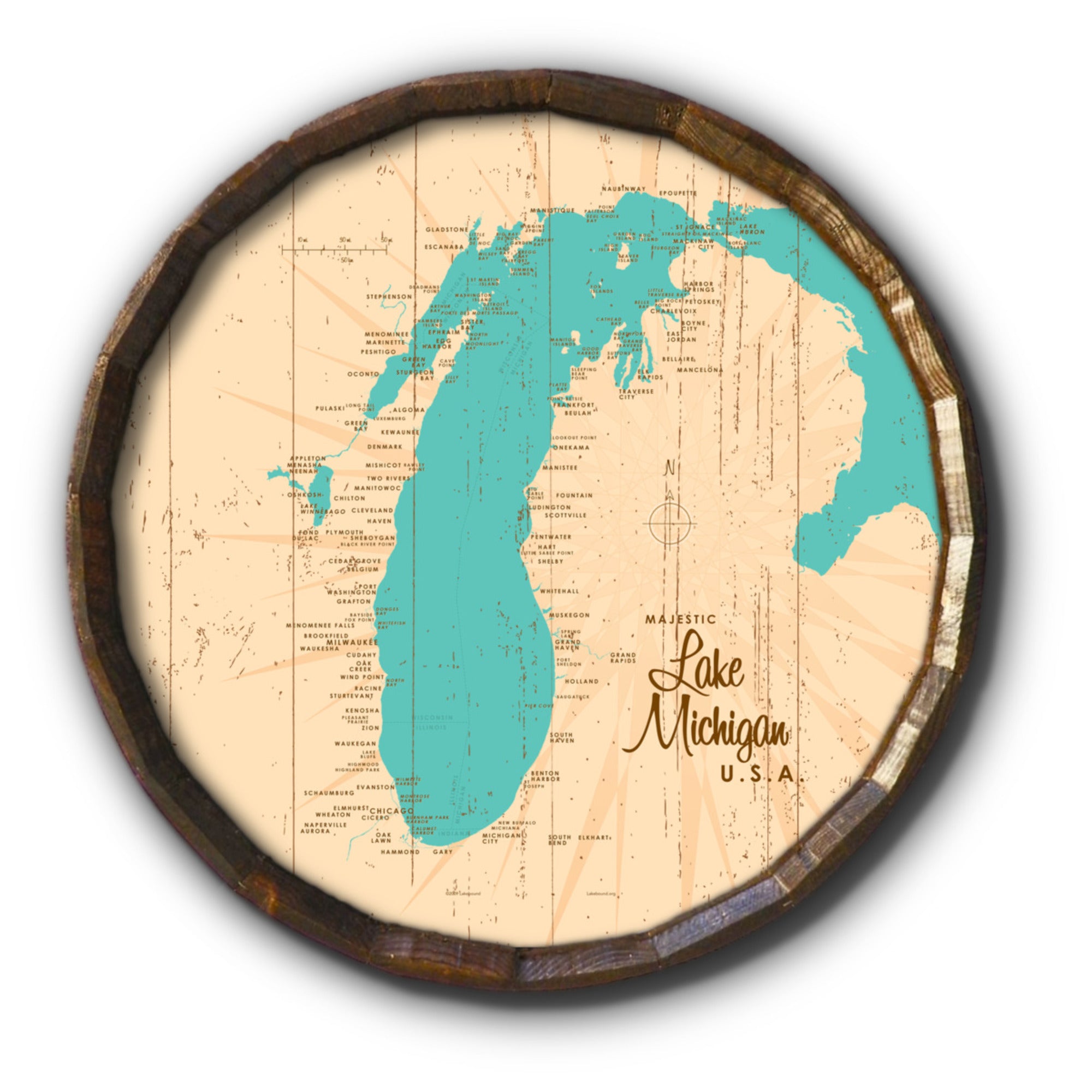 Lake Michigan Michigan, Rustic Barrel End Map Art