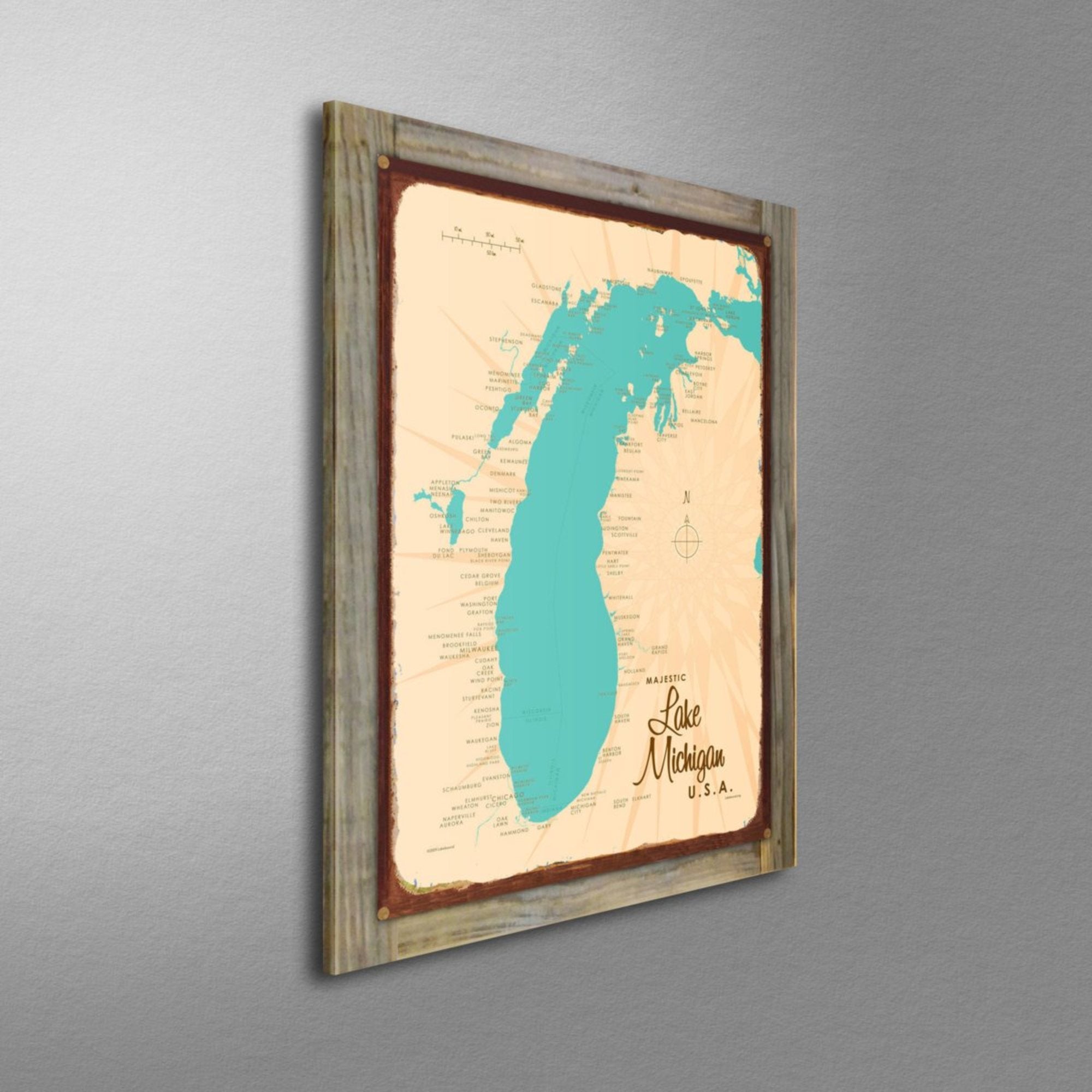Lake Michigan USA, Wood-Mounted Rustic Metal Sign Map Art