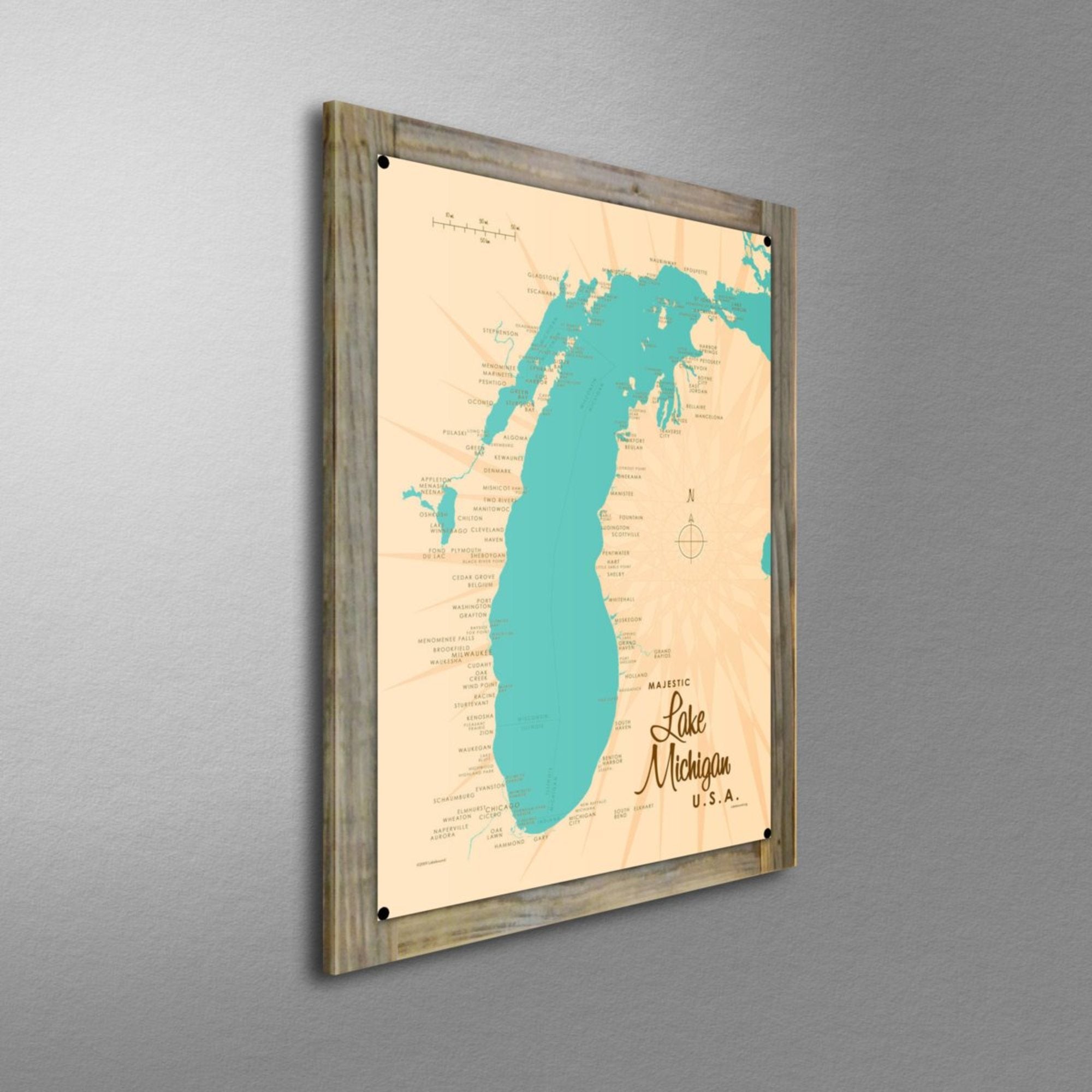 Lake Michigan USA, Wood-Mounted Metal Sign Map Art