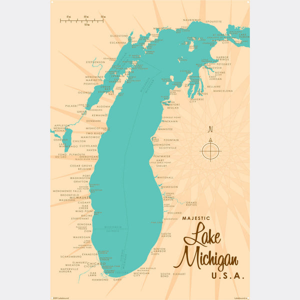 Lake Michigan USA, Metal Sign Map Art
