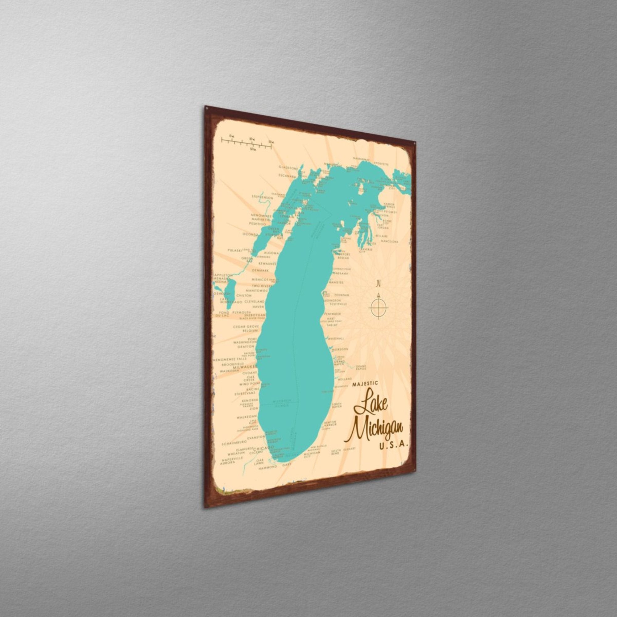Lake Michigan USA, Rustic Metal Sign Map Art