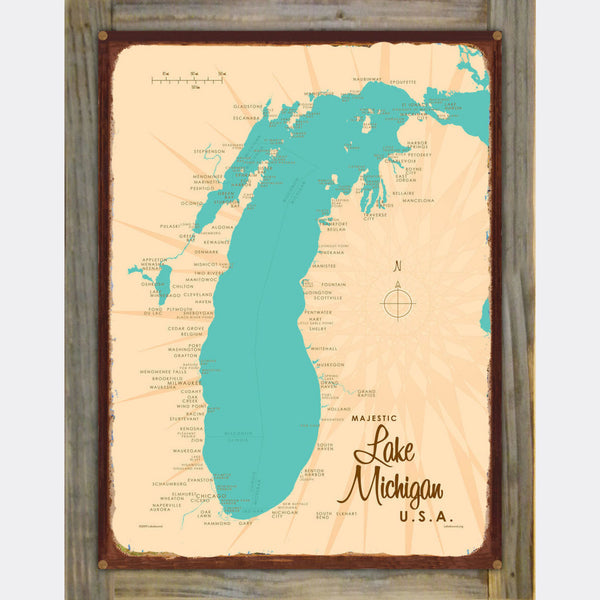 Lake Michigan USA, Wood-Mounted Rustic Metal Sign Map Art