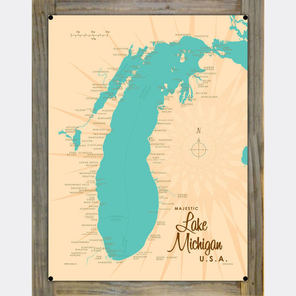 Lake Michigan USA, Wood-Mounted Metal Sign Map Art