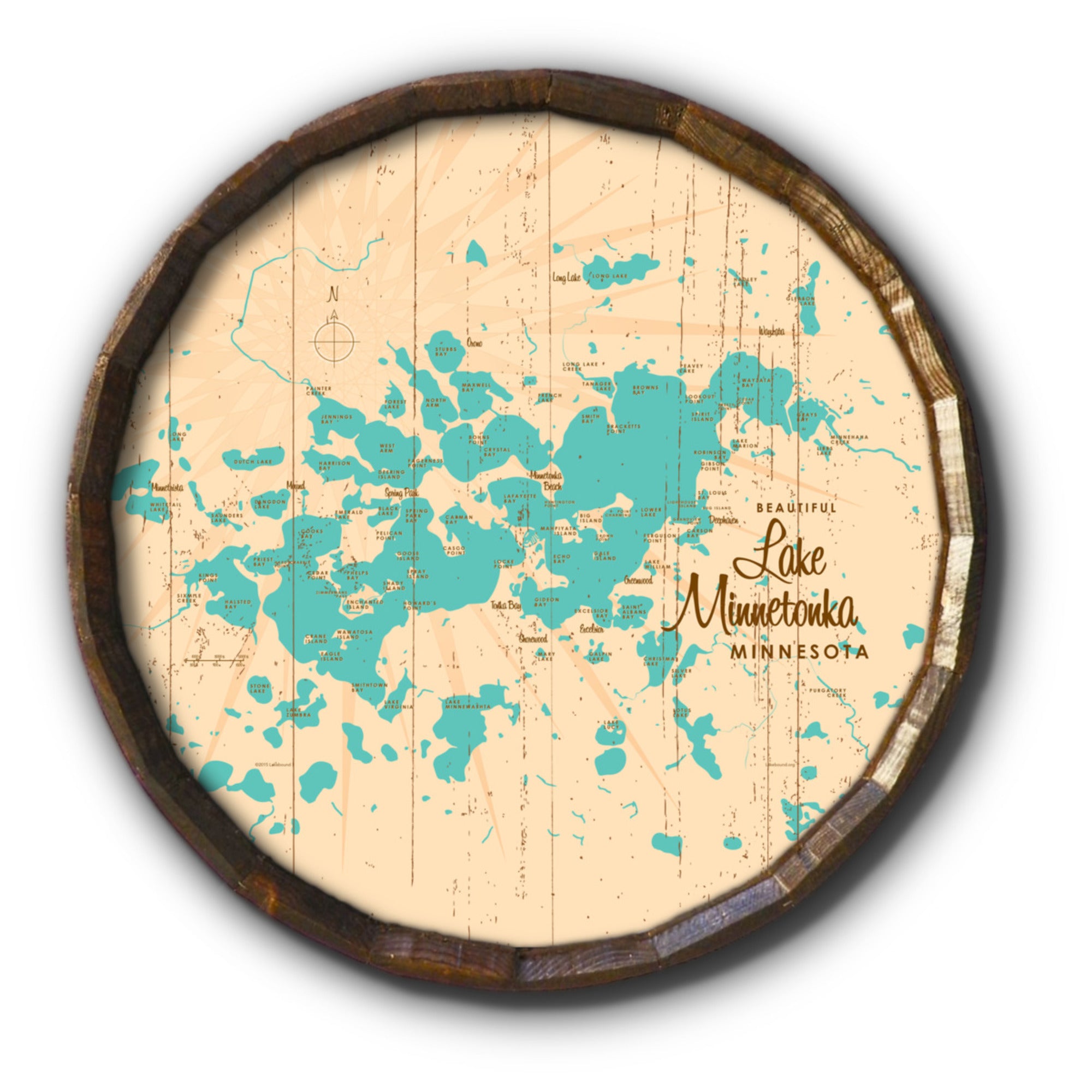 Lake Minnetonka Minnesota, Rustic Barrel End Map Art