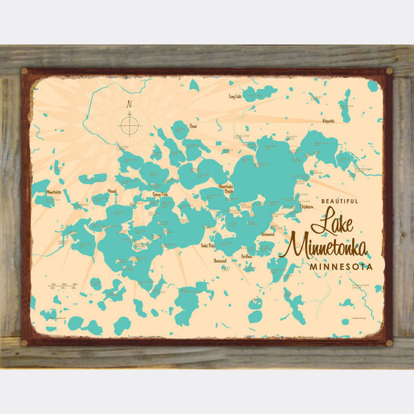 Lake Minnetonka Minnesota, Wood-Mounted Rustic Metal Sign Map Art