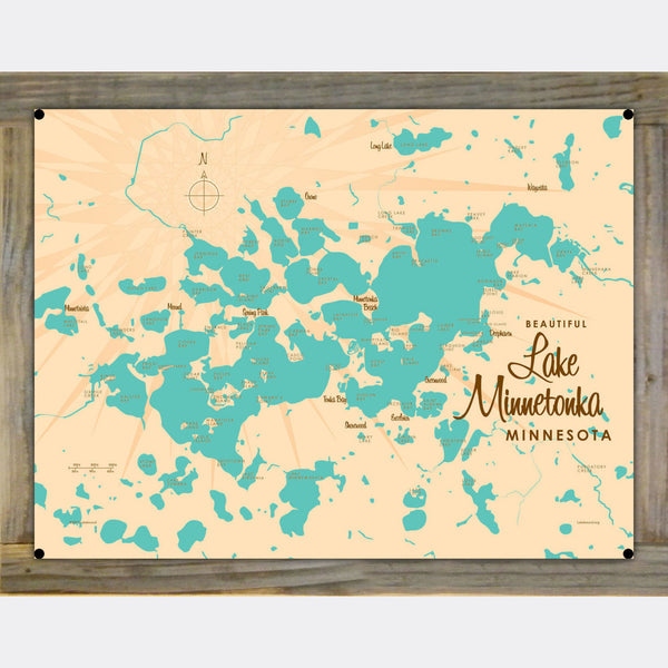 Lake Minnetonka Minnesota, Wood-Mounted Metal Sign Map Art