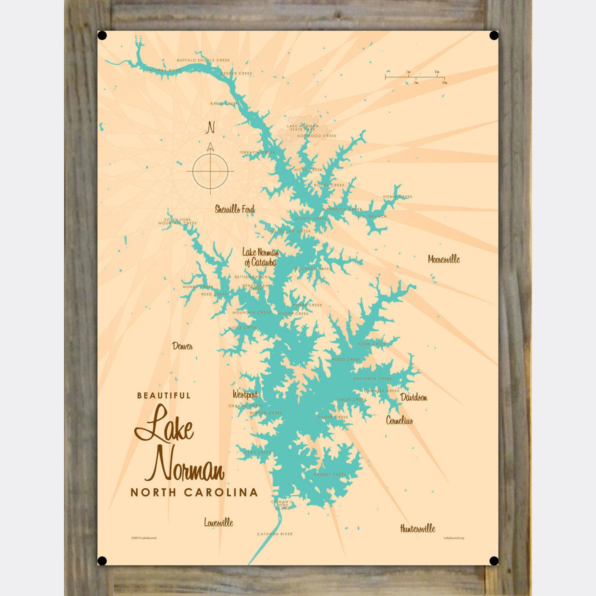 Lake Norman North Carolina, Wood-Mounted Metal Sign Map Art