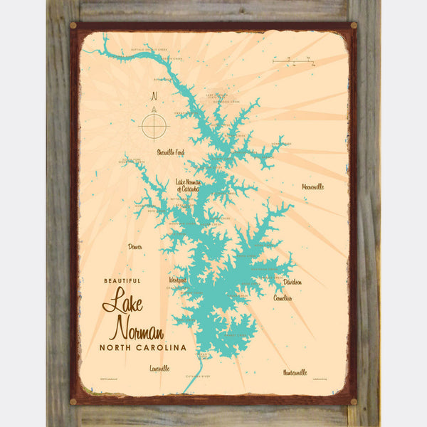 Lake Norman North Carolina, Wood-Mounted Rustic Metal Sign Map Art