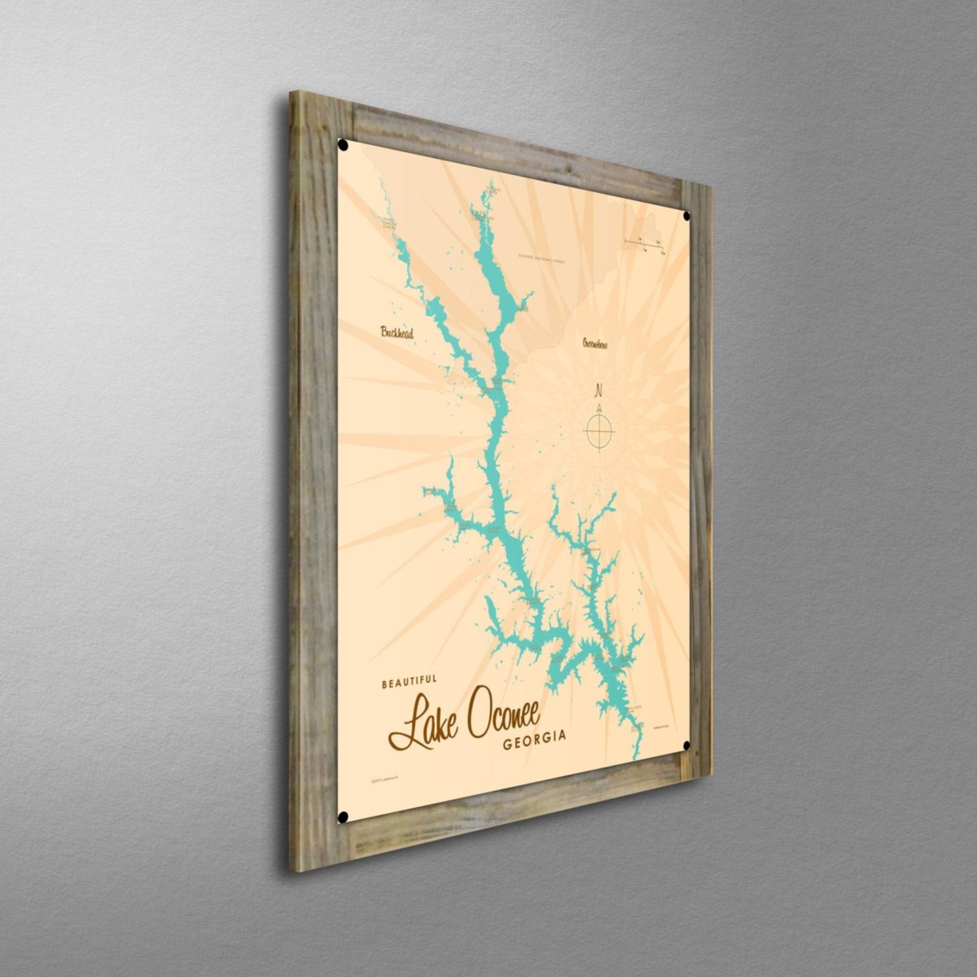 Lake Oconee Georgia, Wood-Mounted Metal Sign Map Art