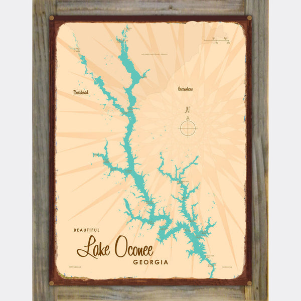 Lake Oconee Georgia, Wood-Mounted Rustic Metal Sign Map Art