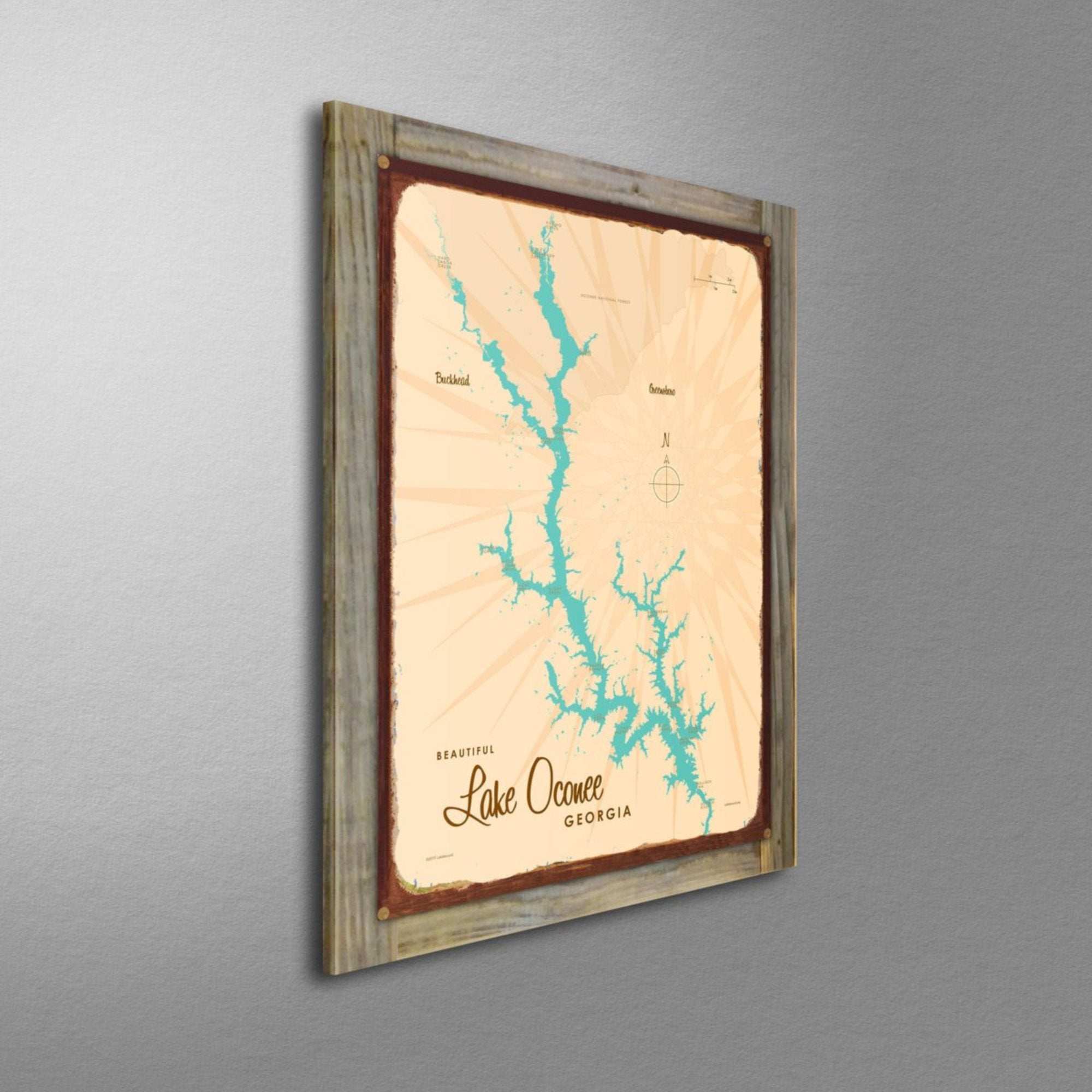 Lake Oconee Georgia, Wood-Mounted Rustic Metal Sign Map Art
