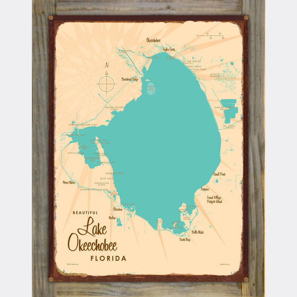 Lake Okeechobee Florida, Wood-Mounted Rustic Metal Sign Map Art