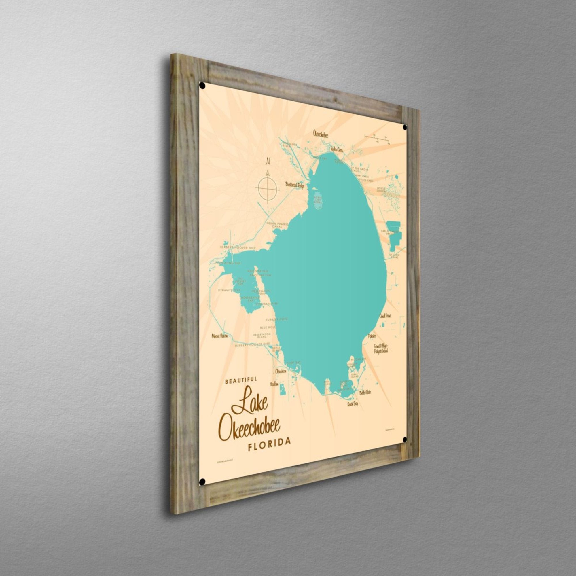 Lake Okeechobee Florida, Wood-Mounted Metal Sign Map Art