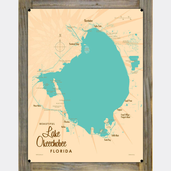 Lake Okeechobee Florida, Wood-Mounted Metal Sign Map Art
