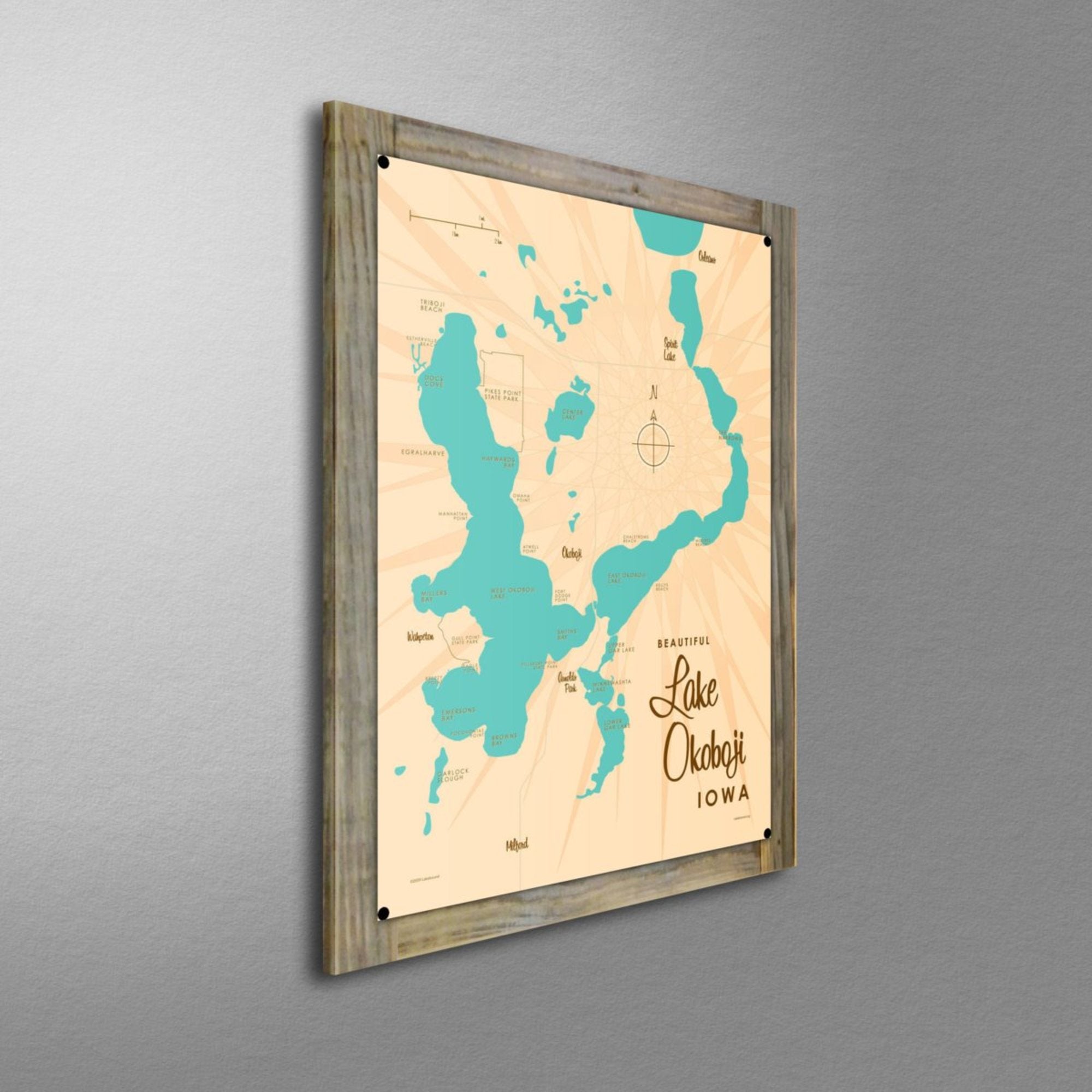 Lake Okoboji Iowa, Wood-Mounted Metal Sign Map Art