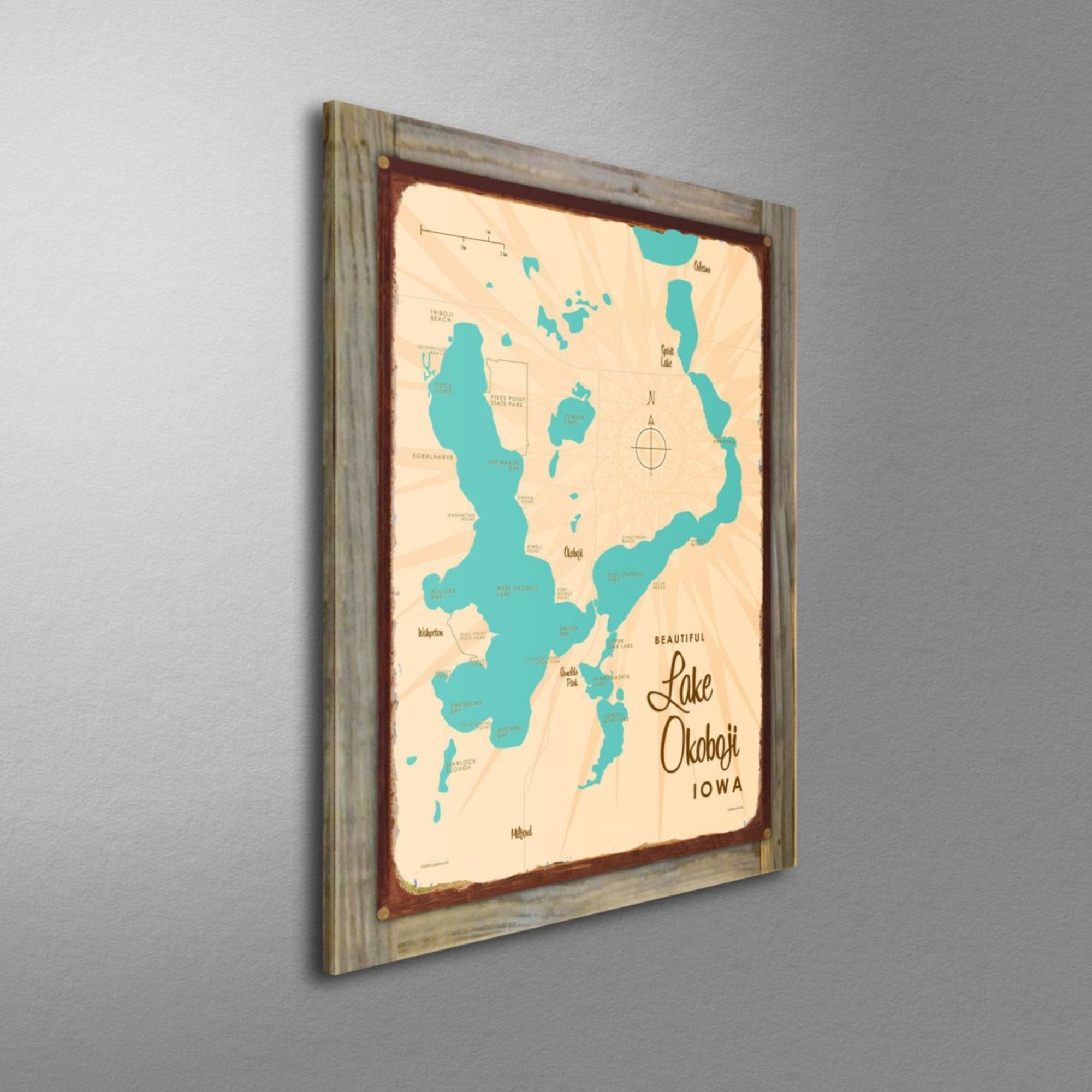 Lake Okoboji Iowa, Wood-Mounted Rustic Metal Sign Map Art